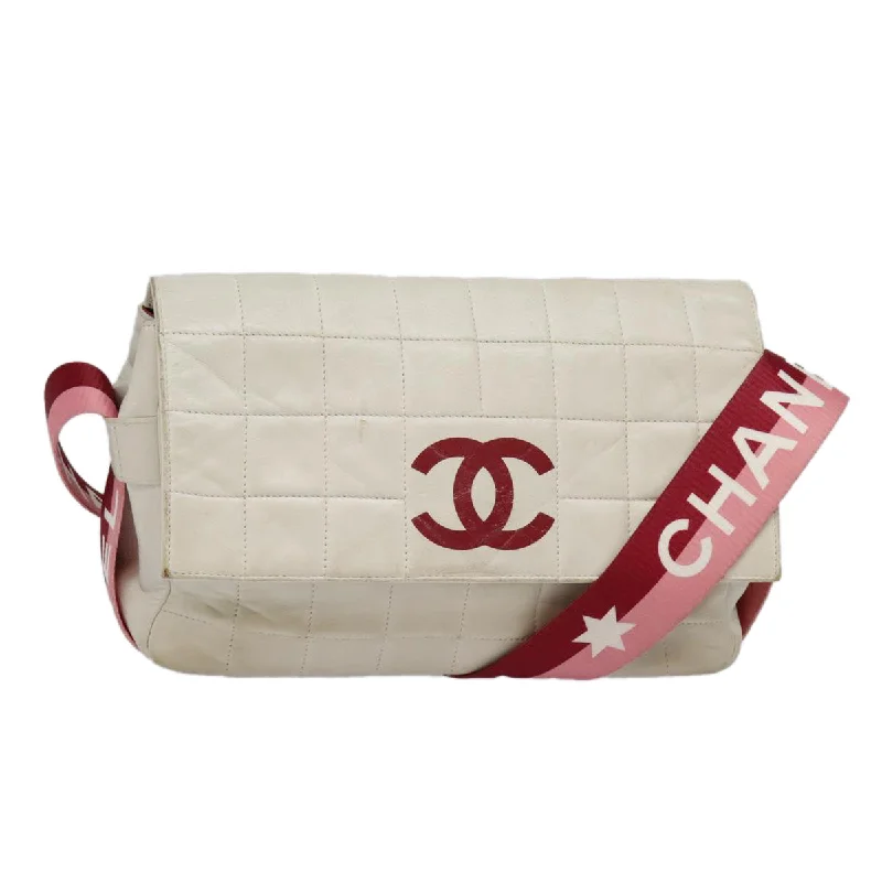 CHANEL Choco Bar Shoulder Bag Leather White Gold pink CC  bs18354