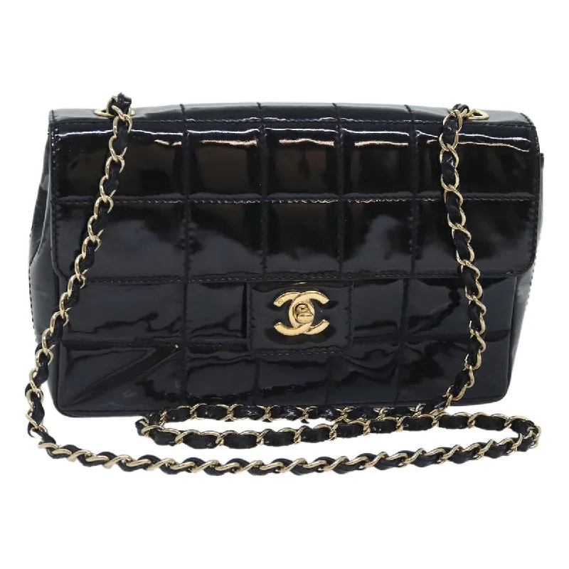 CHANEL Choco Bar Turn Lock Chain Shoulder Bag Patent leather Black CC  90804