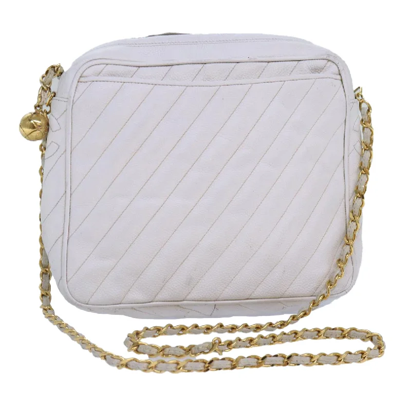 CHANEL Mademoiselle Chain Shoulder Bag Caviar Skin White Gold CC  bs17332