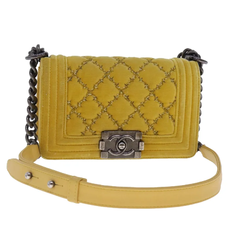 CHANEL Matelasse 20 Chain Boy Chanel Shoulder Bag Velor Yellow CC  94468A