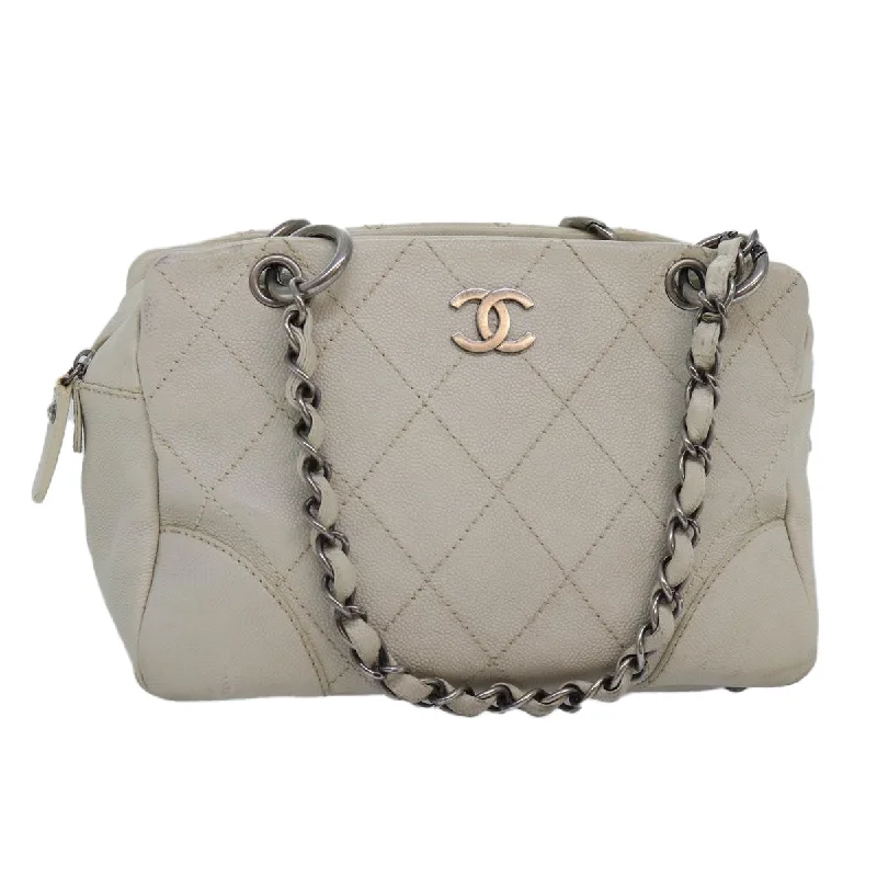 CHANEL Matelasse Chain Shoulder Bag Caviar Skin White Silver CC  yk14601