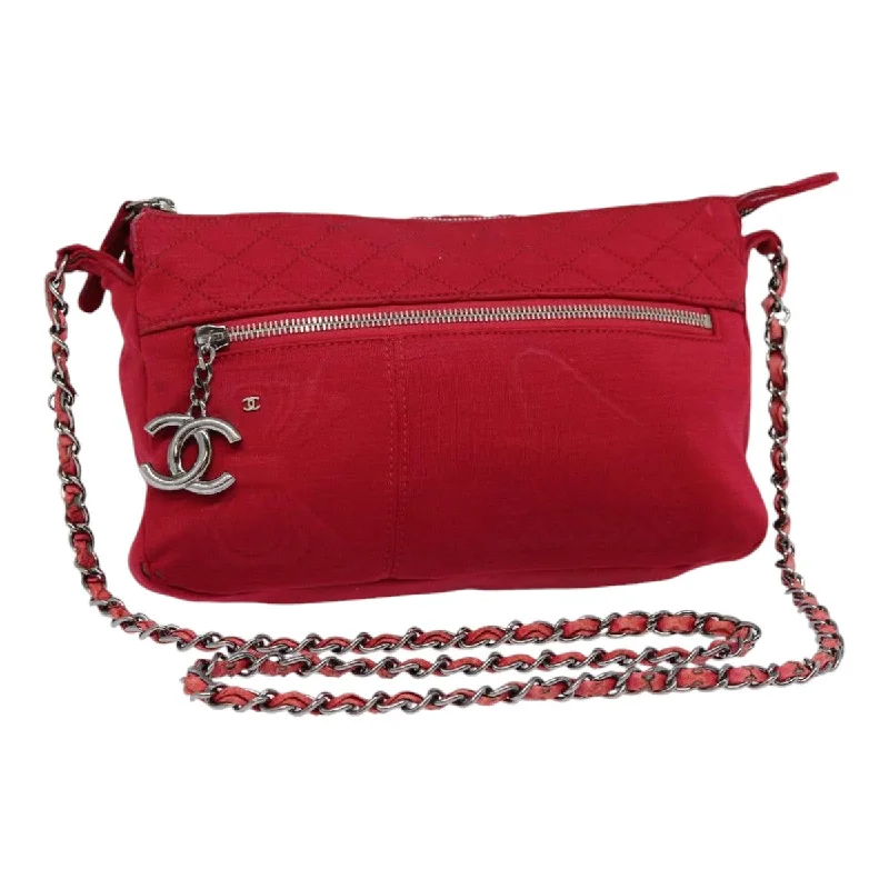 CHANEL Matelasse Chain Shoulder Bag Cotton Red Silver CC  bs17224