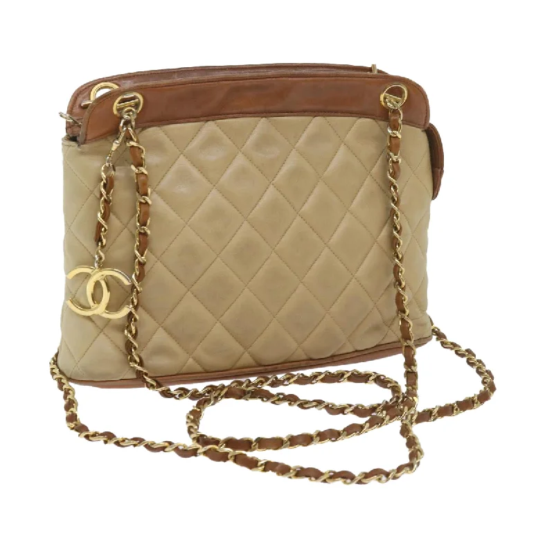 CHANEL Matelasse Chain Shoulder Bag Lamb Skin Beige CC  59907A