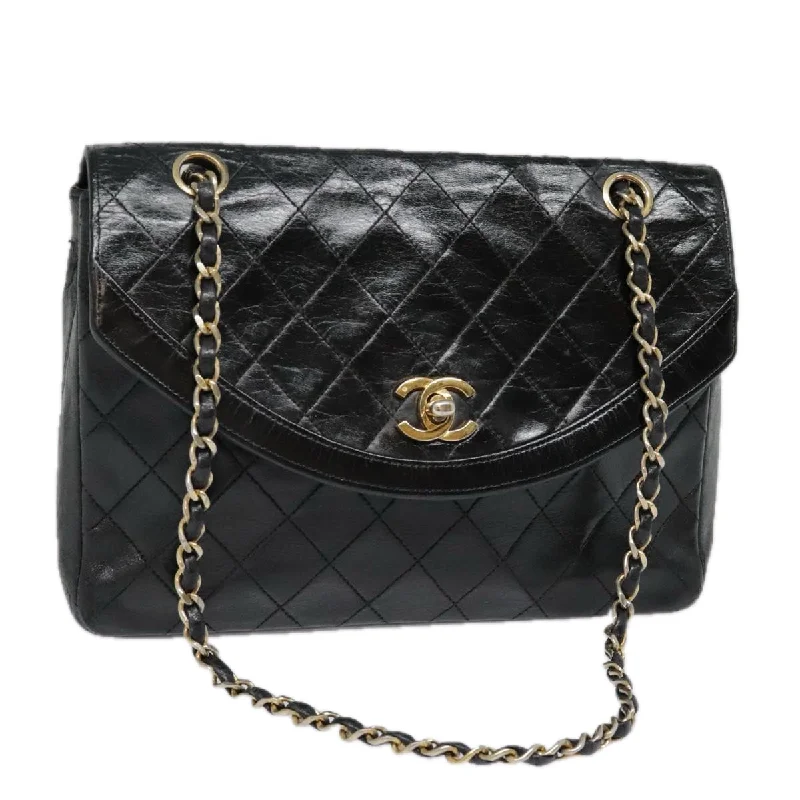 CHANEL Matelasse Chain Shoulder Bag Lamb Skin Gold Black CC  bs18532