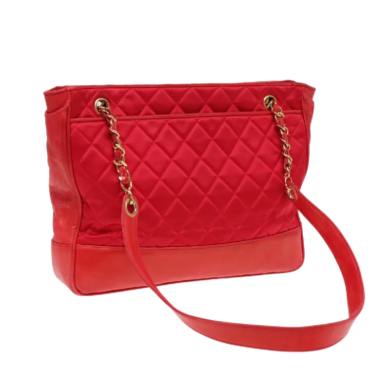 CHANEL Matelasse Chain Shoulder Bag Satin Red Gold CC  bs17153