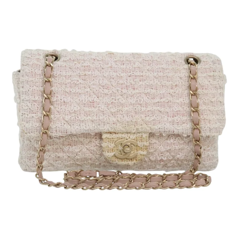 CHANEL Matelasse Chain Shoulder Bag tweed White Pink CC  93801A