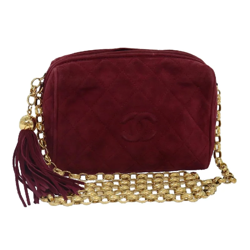 CHANEL Matelasse COCO Mark Chain Fringe Shoulder Bag Suede Red CC  yk14444A