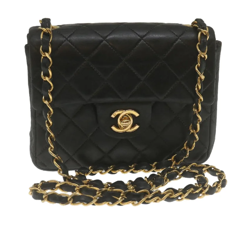 CHANEL Mini Matelasse Chain Flap Shoulder Bag Lamb Skin Black Gold  hs689A