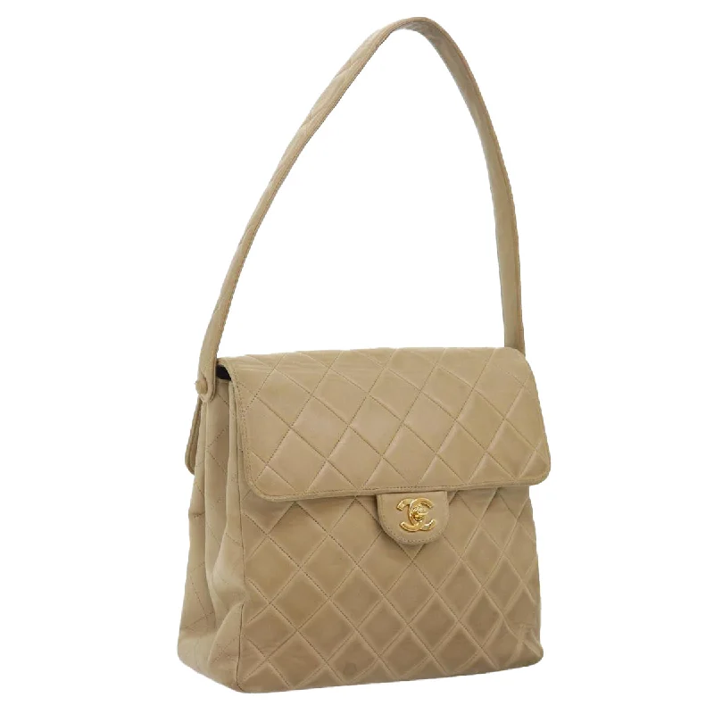 CHANEL Turn Lock Shoulder Bag Lamb Skin Beige Gold CC  bs17567