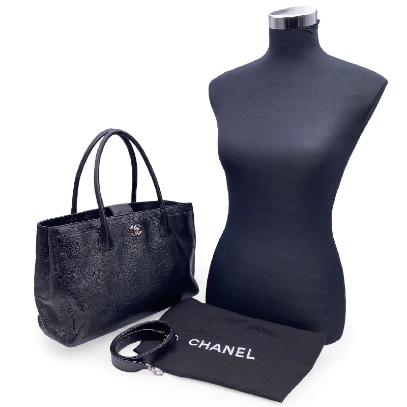 CHANEL 2010S Black Pebbled Leather Executive Tote Bag With Strap