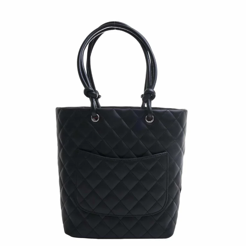 CHANEL Leather Cambon Coco Mark Small Tote Bag Black Ladies