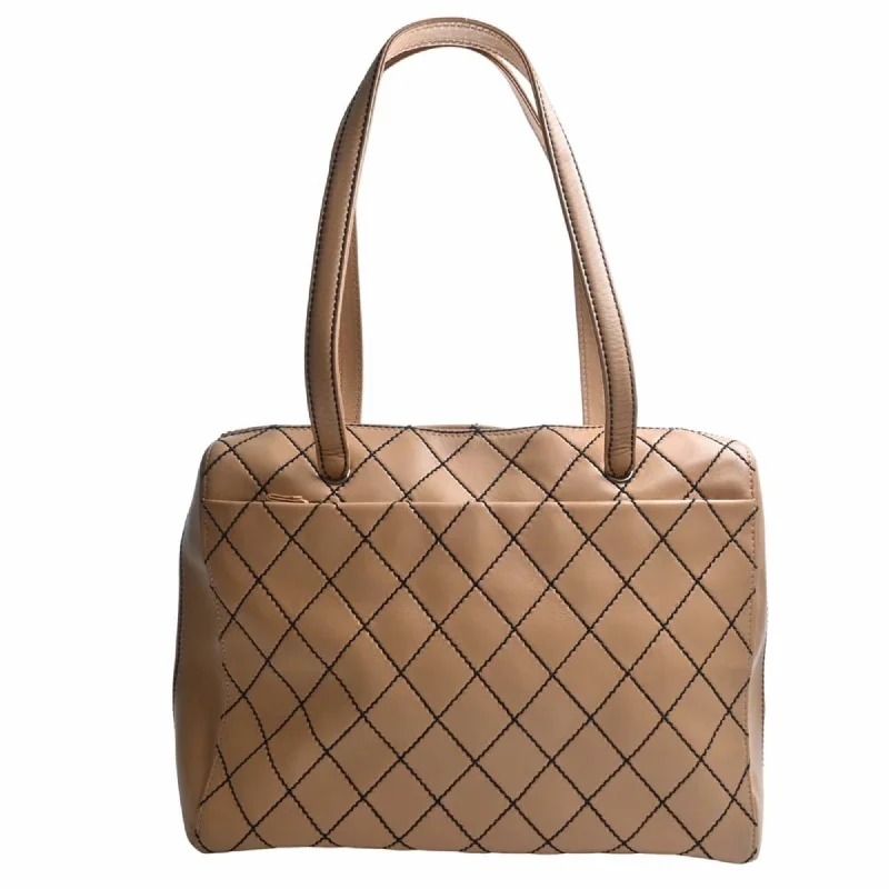 CHANEL Leather Wild Stitch Coco Mark Tote Bag Beige Ladies