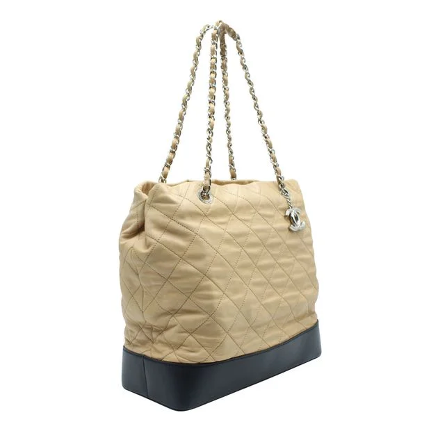 CHANEL Light Brown And Black Quilted Tote Bag In Silver Hardware