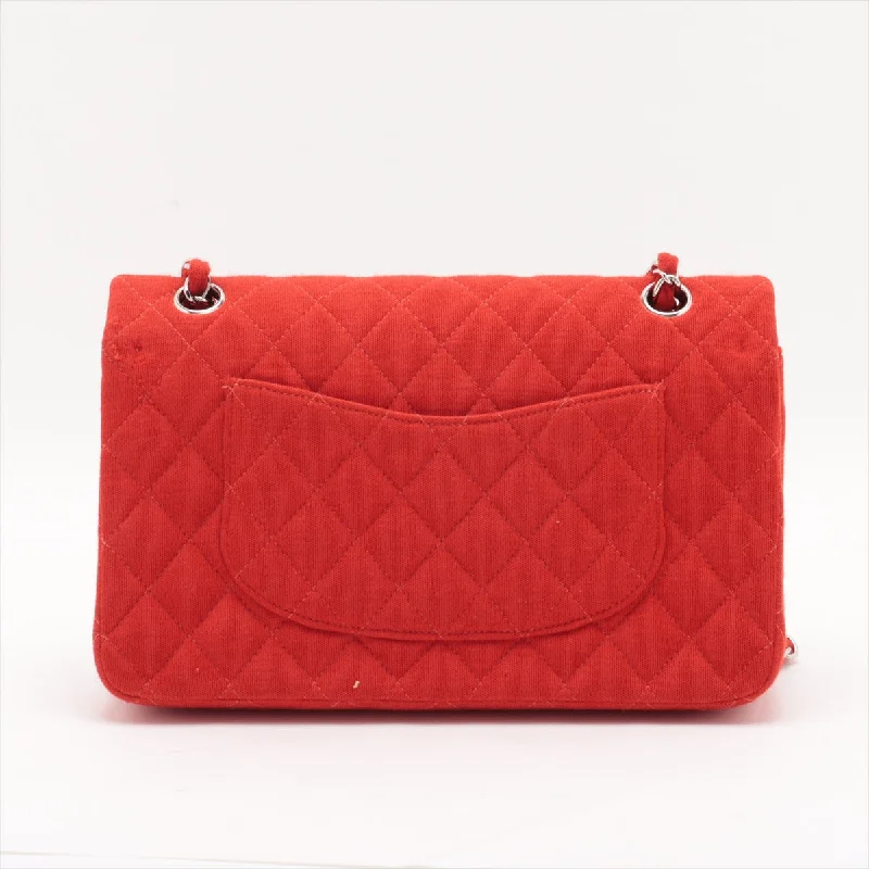 Chanel Matrasse 25 Cotton Double Flap Double Chain Bag Red Silver G  5th A01112