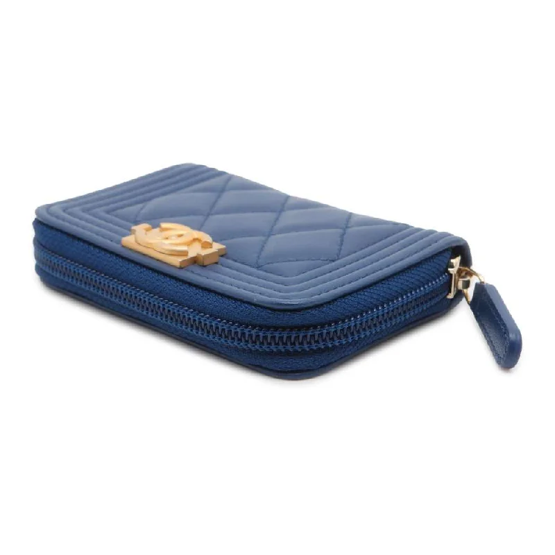 CHANEL Boy Chanel Compact Wallet Blue A80602 Lambskin