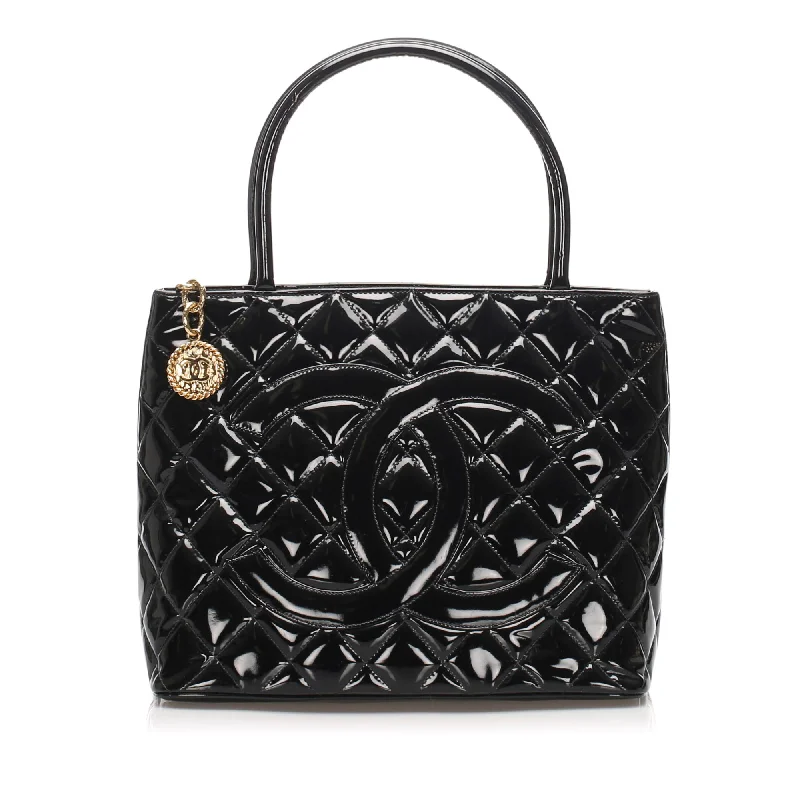 Black Medallion Patent Leather Tote Bag