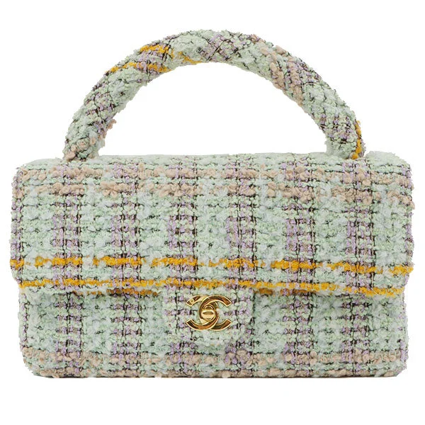 Chanel Around 1992 Made Tweed Classic Flap Handbag Mint Green