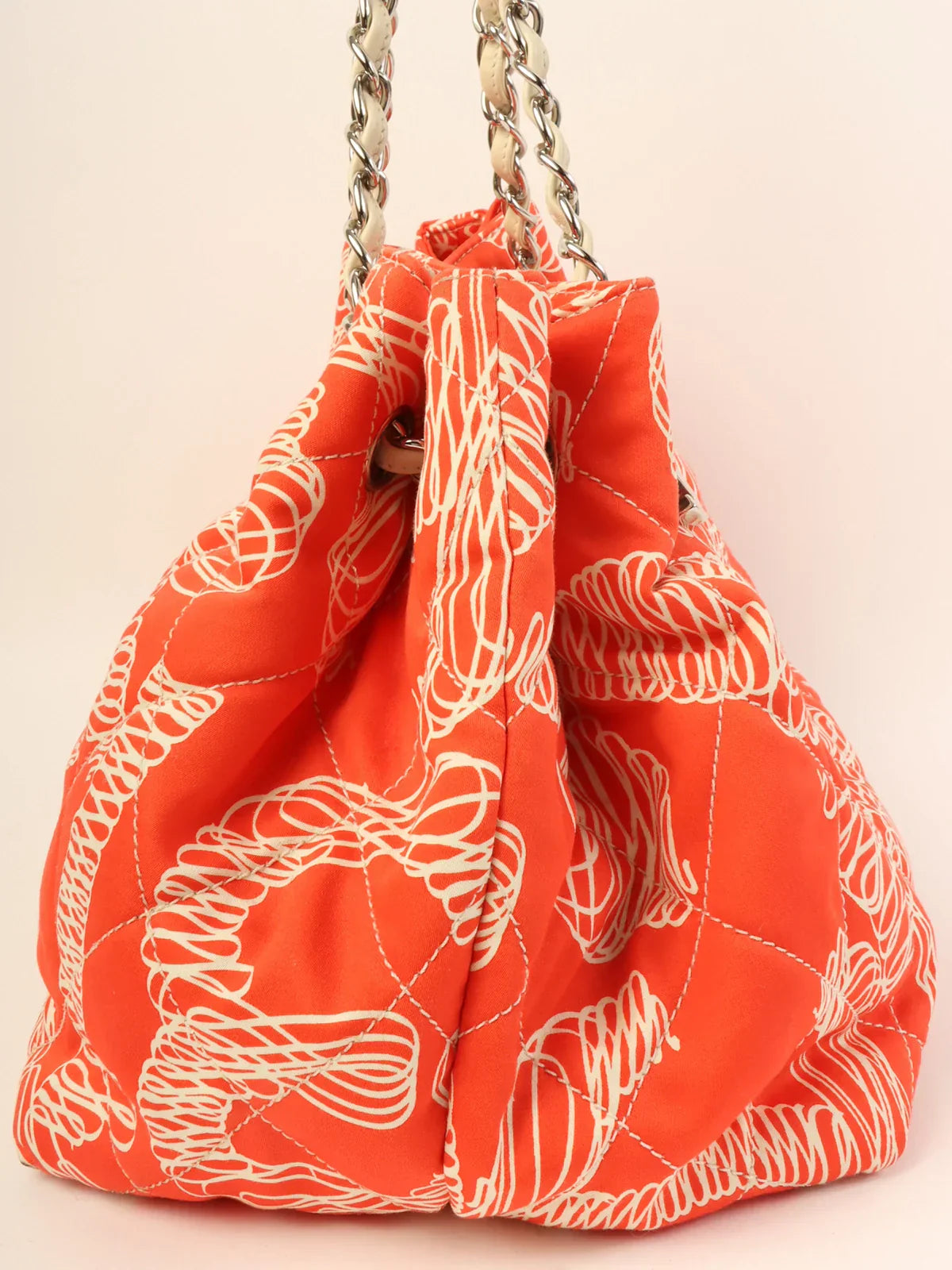 CHANEL Around 2008 Made Cotton Design Print Cc Mark Charm Chain Tote Bag Orange/Ivory