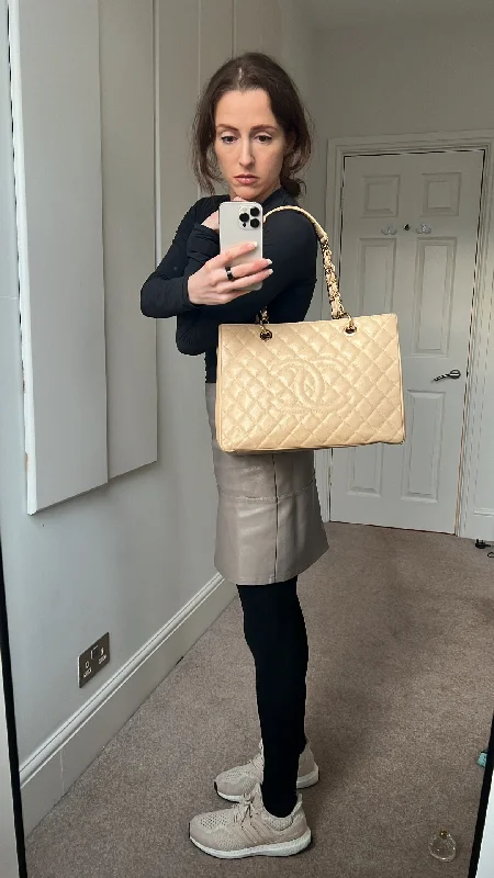 Chanel Beige Caviar Grand Shopper Tote with gold hardware