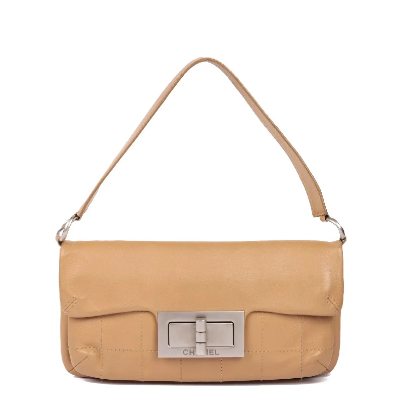 Chanel Beige Choclate Bar Quilted Calfskin Leather Vintage Mademoiselle Pochette Top Handle Bag