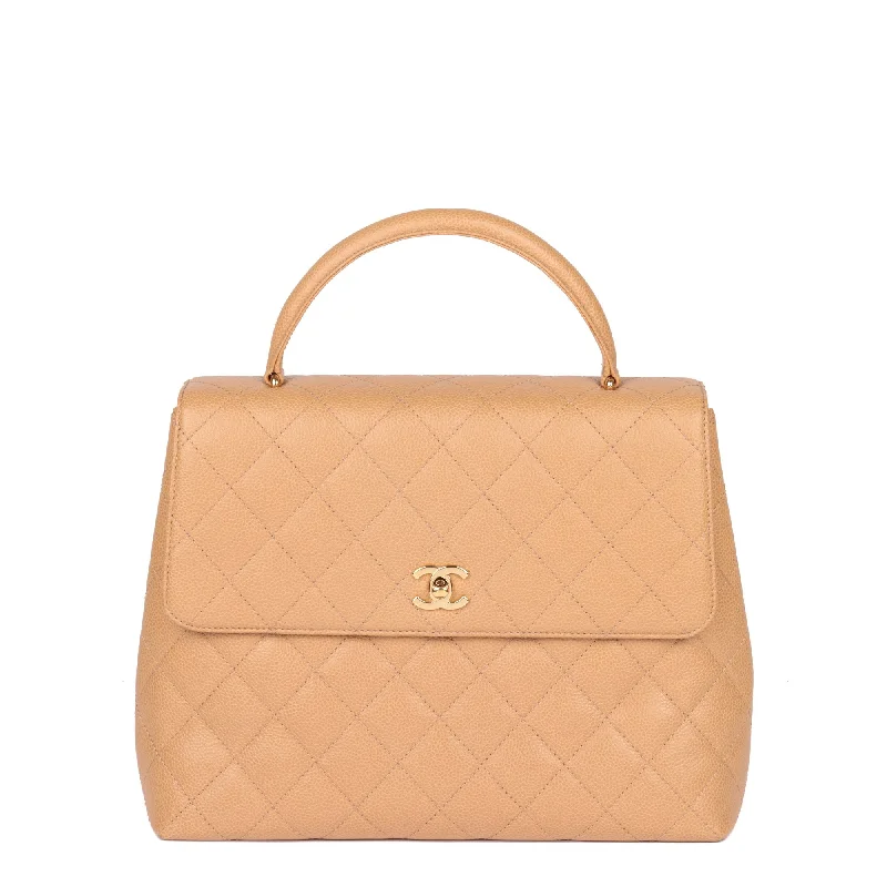 Chanel Beige Quilted Caviar Leather Vintage Classic Kelly Top Handle Bag