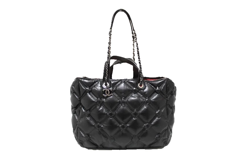 Chanel Black Bubble Quilted Lambskin Leather Large Tote