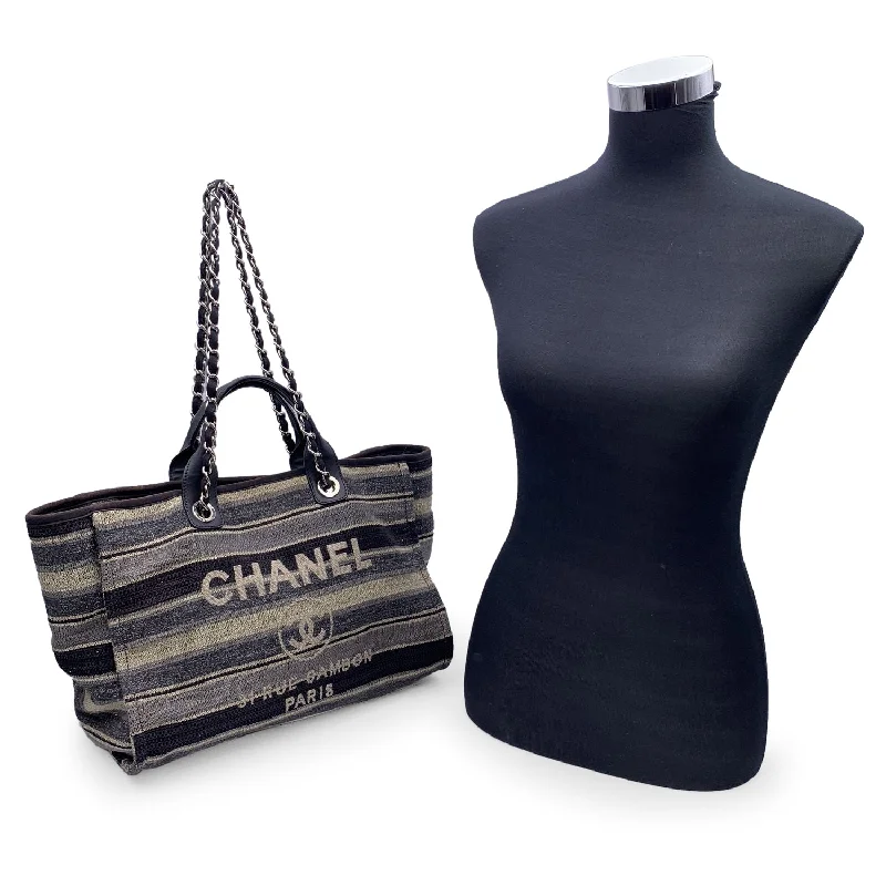 CHANEL Black Grey Striped Canvas Medium Deauville Tote Bag