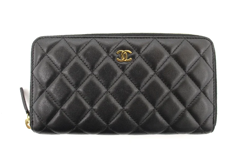 Chanel Black Quilted Lambskin Leather Large Gusset Zip Around Wallet