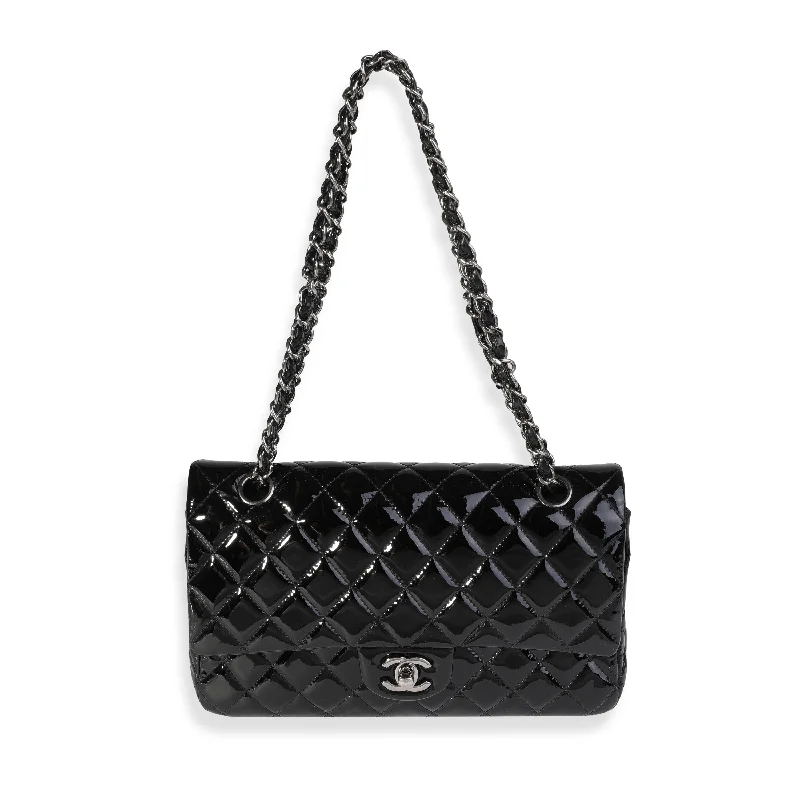 CHANEL Black Quilted Patent Leather Medium Classic Double Flap Bag