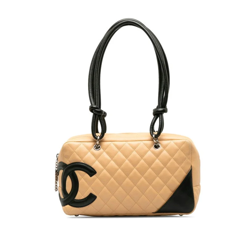 Chanel Cambon Cocomark Bowling Bag Handbag Mini Boston Bag Beige Leather  CHANEL