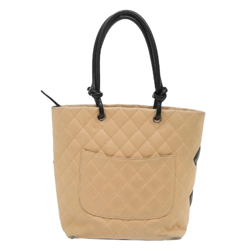 CHANEL Cambon Line Tote Bag Leather Beige CC Auth am4685