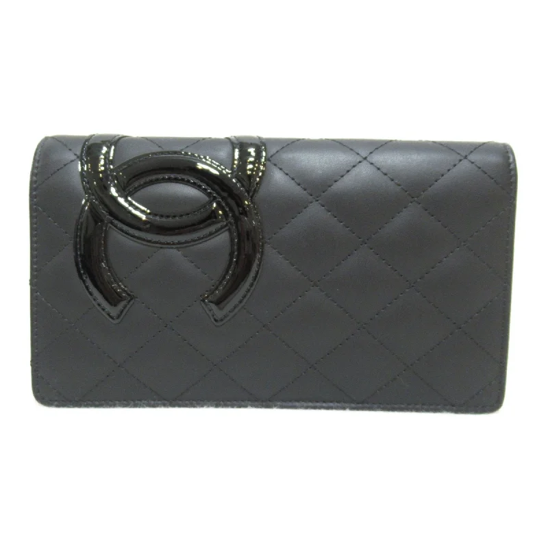 CHANEL Cambon Zip Long Wallet Black enamel Calfskin (cowhide)