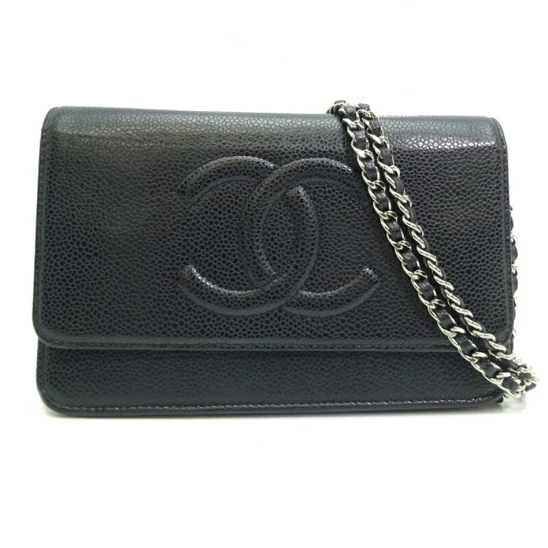 Chanel Chain Wallet Women's Shoulder Bag 8654 Caviar Skin Black