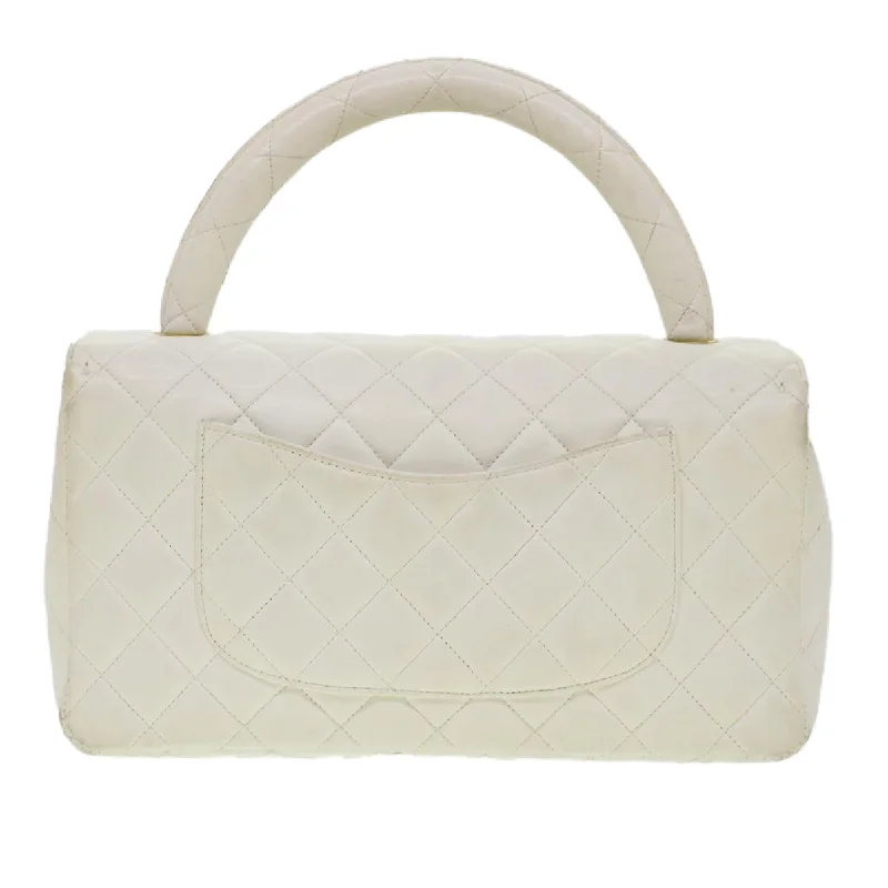 CHANEL Child Bag Hand Bag Lamb Skin White CC Auth yk7389B