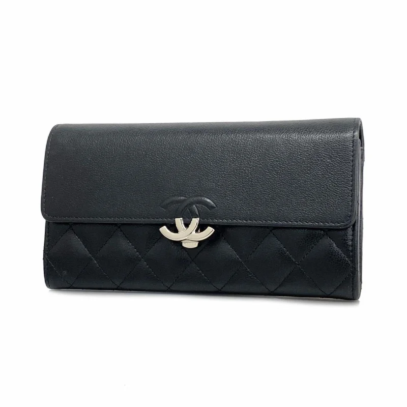 Chanel Long Wallet Matelasse Leather Black Women's