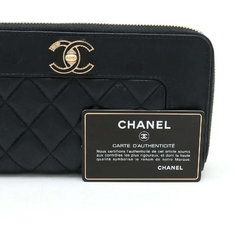 Chanel Mademoiselle Mattress Cocomark Roundfather Long Wallet Black Black Gold  A80969