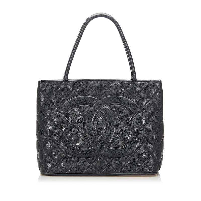 Medallion Caviar Leather Tote Bag in Black with SHW