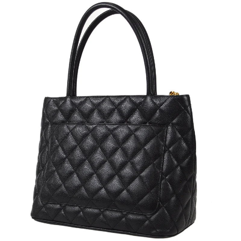 CHANEL Medallion Tote Handbag Black Caviar 67911