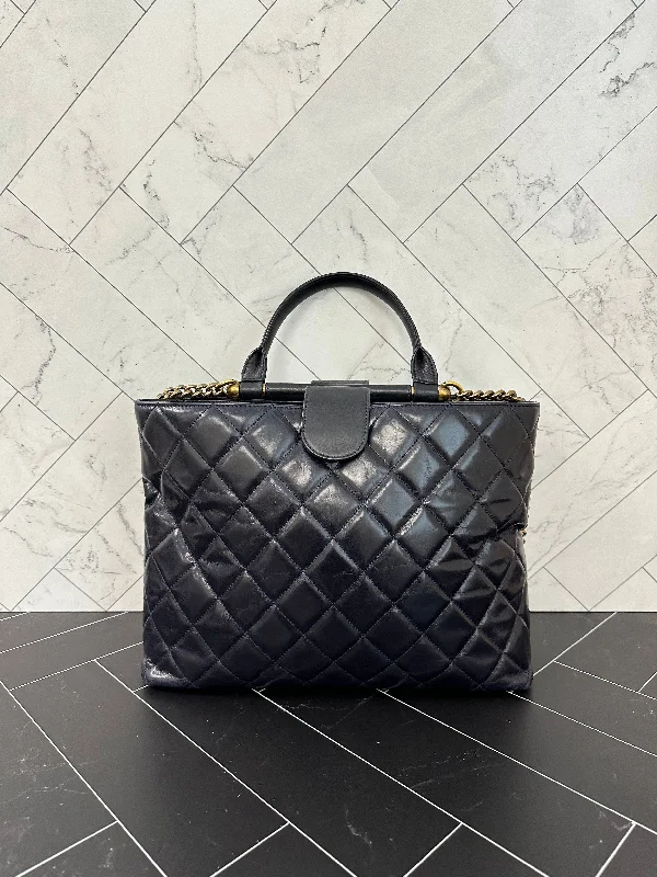 Chanel Navy Blue Quilted Lambskin Leather Goldbar Tote