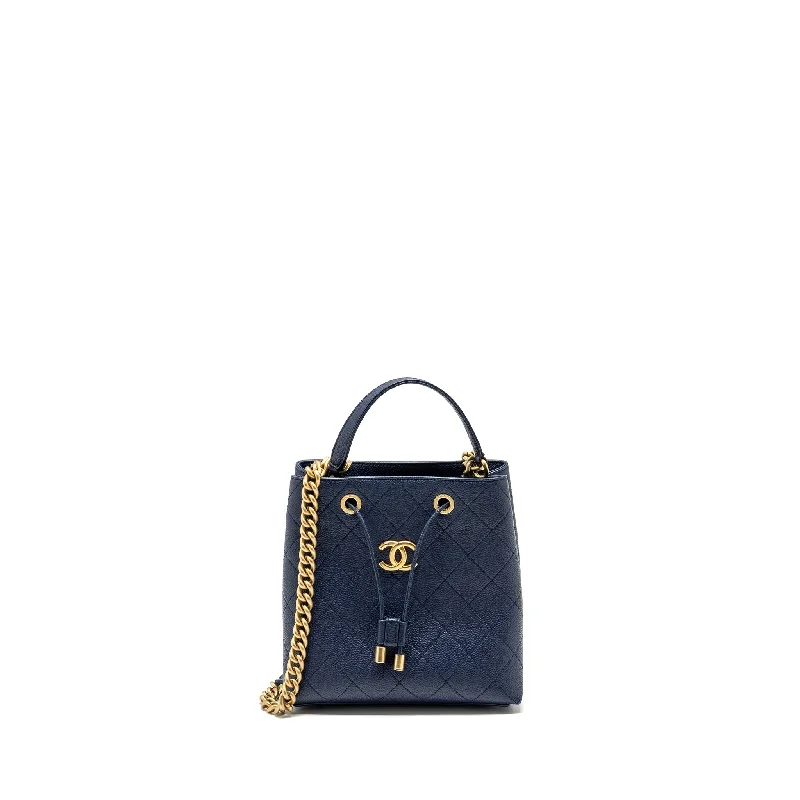 Chanel Top Handle Drawstring Bucket Bag Caviar Navy  GHW