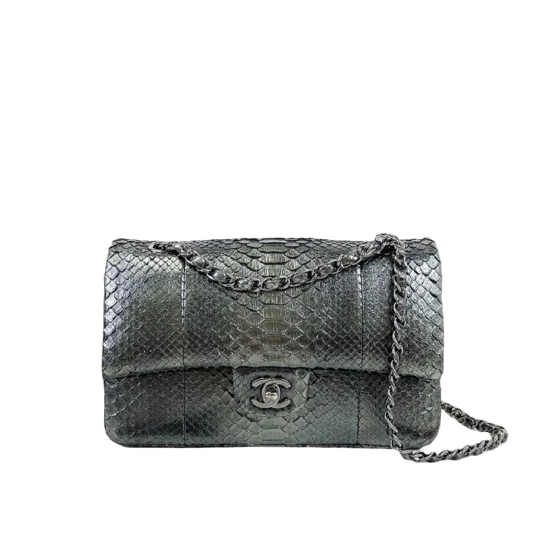 Medium Classic Double Flap Python Metallic Grey SHW