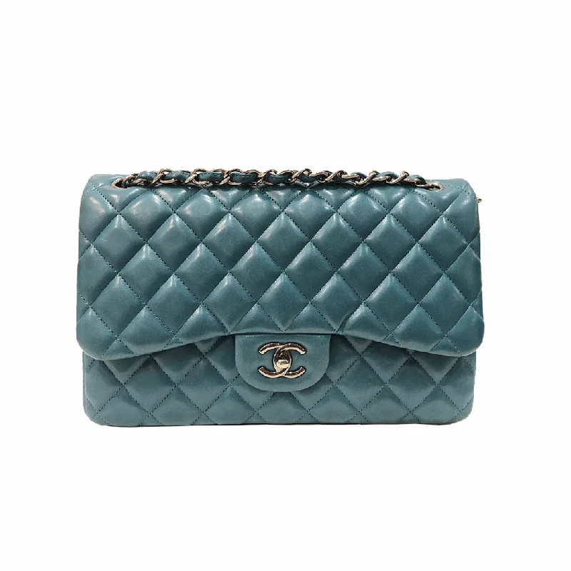 Jumbo Double Flap in Teal Lambskin with RHW